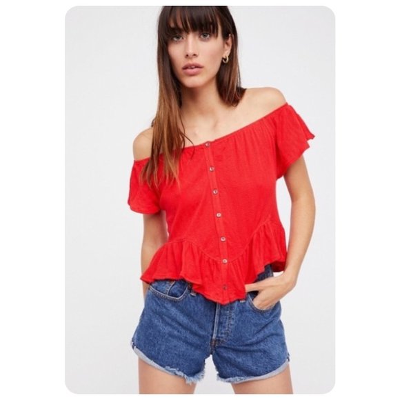 Free People Tops - !! We The Free People Red Mint Julep Button Front Off The Shoulder Top